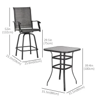 Outsunny 3 Piece Outdoor Patio Bar Set, 2 Swivel Stool and 1 Bar Table, All-Weather, Metal Frame for Balcony, Backyard, Deck, Grey(m-3)