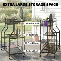 Outsunny Garden Tool Organizer for Garage, 3-Tier Yard Tool Storage Rack with 74 Slots, 4 Wheels and 11 Hooks(m-4)