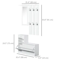 HOMCOM Entryway Organizer Unit, 3 In 1 Design Hall Tree with 6 Hooks, Mirror, Coat Rack Shoe Storage Shelf with Coat Hanger for Hallway Living Room White(m-3)
