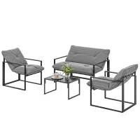 Outsunny 4 Piece Outdoor Furniture Set, Patio Conversation Set with Tempered Glass Table, Loveseat, Chairs, Cushions, Light Grey(m-2)