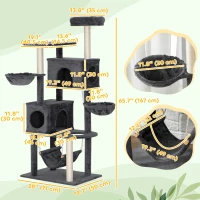 PawHut 66 Inch Large Cat Tree with 2 Door Condos, 3 Big Hammocks, Plush Top Perch, Sisal Scratching Posts, Dark Grey(m-3)