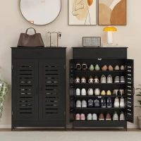 HOMCOM Shoe Cabinet with Louvered Doors, Modern Shoe Storage Cabinet with Drawer and Adjustable Shelves, Black(m-9)