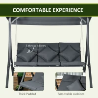 Outsunny 3-Person Patio Swing Chair, Outdoor Porch Swing Bench with Adjustable Canopy, Cushioned Seat, Dark Grey(m-6)