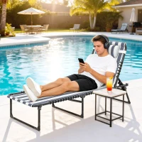Outsunny Folding Chaise Lounge Pool Chair with 4-Position Reclining Back, Pillow, Breathable Mesh & Bungee Seat, Blue & White(m-10)