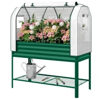 Outsunny Galvanised Raised Garden Bed with Greenhouse Cover, Metal Elevated Garden Bed with Bed Liner, Bottom Shelf, Green(m-1)