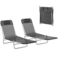 Outsunny 2 Piece Sun Loungers, Folding Chaise Lounge Chairs with Reclining Back, Breathable Mesh Seat, Headrest, Black(m-11)