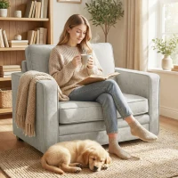 HOMCOM Accent Chair, Velvet-feel Fabric Armchair with Wide Seat, Spring Cushion, Solid Wood legs, Grey(m-1)