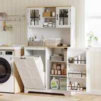 HOMCOM Kitchen Pantry Cabinet with Charging Station, 7 Gallon Trash Can Cabinet, Adjustable Shelves and Acrylic Doors, White(m-10)