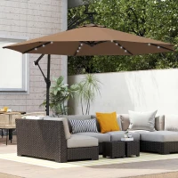 Outsunny 9.7 ft Cantilever Patio Umbrella with Solar Light, Garden Hanging Parasol with Cover, Tilt, Crank, Khaki(m-10)