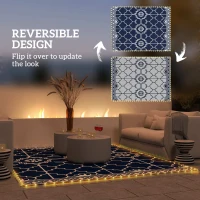 Outsunny Reversible Outdoor Rug Carpet with LED Lights, 12' x 9' PP Straw Rug with Carry Bag and Ground Stakes(m-5)