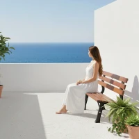 Outsunny 47 Inch Outdoor Garden Bench, Aluminum Wood Patio Loveseat with Slatted Seat Back, 528 lbs. for Porch, Park, Coffee(m-7)