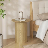 HOMCOM Round Side Table, Fluted Accent End Table, Narrow Nightstand for Small Spaces, Living Room, Oak(m-9)