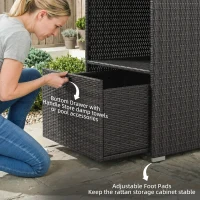 Outsunny Valet Pool Towel Rack, Water-Resistant PE Plastic Rattan Wicker Storage Organizer, 2 Shelves, 1 Basket Drawer(m-6)
