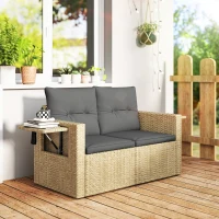 Outsunny Wicker Outdoor Sofa with Side Trays, Rattan Patio Loveseat with Cushions for Garden Balcony, Light Grey(m-1)