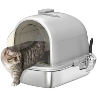 PawHut Enclosed Stainless Steel Litter Box, Metal Cat Litter Box with Scoop, Deodorizer Bag, Handle, Easy to Clean(m-11)
