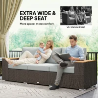 Outsunny 3-Seater Outdoor Sofa Couch, Wicker Patio Sofa with Wood Effect Armrests and Thick Cushions, Grey(m-4)