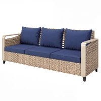 Outsunny Rattan Wicker Sofa 3-Seater Outdoor Patio Sofa with Cushions for Garden Backyard Porch Dark Blue(m-1)