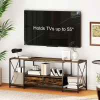 HOMCOM Industrial TV Stand for up to 55 Inch TV, TV Console with Charging Station and RGB LED Lights, Rustic Brown(m-9)