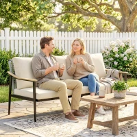 Outsunny 3 Seater Outdoor Patio Sofa, Outdoor Couch with Wood-Effect Armrests, Wicker Backrest, Cushions for Garden Yard, Khaki(m-8)