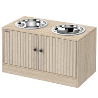 PawHut Raised Dog Bowls with Storage, Slow Feeder,  2 Stainless Steel Food and Water Bowl Non-Slip, Oak(m-2)