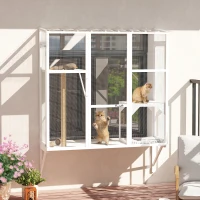 PawHut Wooden Catio Outdoor, Cat Window Box Enclosure for 2-3 Large Cats with 2 Jumping Platforms & Scratching Post, White(m-8)