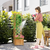 Outsunny Raised Garden Bed Wood Planter with Trellis for Vine Climbing, 16" x 16" x 57", Brown(m-1)