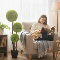 HOMCOM 45 Inch Potted Fake Plant Set of 2, Artificial Boxwood Topiary Tree, Triple Ball Tree for Indoor and Outdoor, Green(m-8)