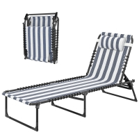 Outsunny Folding Chaise Lounge Pool Chair with 4-Position Reclining Back, Pillow, Breathable Mesh & Bungee Seat, Blue & White