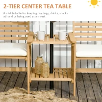 Outsunny Outdoor Wood Loveseat with Middle Table, Garden Table and Chairs Set with Cushions and Umbrella Hole, 2-Seater Outdoor Furniture Set for Balcony, Patio, Brown(m-6)