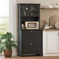 HOMCOM 64.6" Tall Kitchen Pantry Storage Cabinet with Microwave Stand, Freestanding Buffet Cabinet with Hutch, Glass Doors, Drawer and Adjustable Shelves, Black(m-1)
