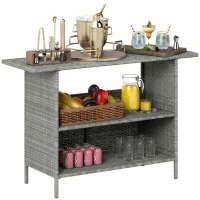 Outsunny Wicker Outdoor Bar Table, PE Rattan Bar Height Patio Table with 2 Shelves, Steel Frame for Garden, Backyard, Dark Grey(m-11)
