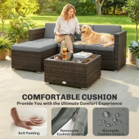 Outsunny 3 Pieces Patio Furniture Set with Cushions, Outdoor PE Rattan Wicker Conversation Corner Sofa Set with Glass Top Table(m-5)
