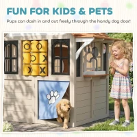 Qaba Outdoor Playhouse, Wooden Kids Playhouse with Dog Door, Cookware, Blackboard, Clock, Tic-Tac-Toe Roller for Backyard(m-7)