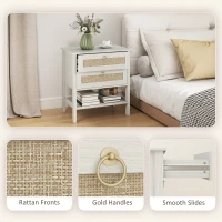HOMCOM Set of 2 Boho Bedside Tables, Rattan Nightstands with 2 Drawers, Storage Shelf, End Side Tables for Bedroom, White Oak(m-6)