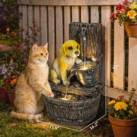 Outsunny 22" Outdoor Fountain with 3-Tier Puppy Theme, Resin Garden Fountain with LED Lights, Adjustable Flow, Rustic Brown(m-3)