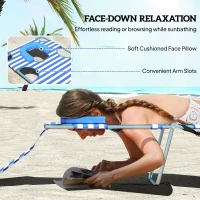 Outsunny Tanning Chair with Face Hole, 5-Level Adjustable Outdoor Chaise Lounge Chair with Pillow for Beach, Pool, Blue Stripes(m-5)