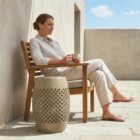 Outsunny 12.4" Steel Patio End Table, Round Hollow Drum Side Table, Accent Table for Indoor and Outdoor, Khaki(m-8)