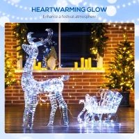 Outsunny Lighted Christmas Reindeer with Sleigh, Outdoor Reindeer with 170 LED Lights and Stakes, Holiday Decor, Silver(m-4)