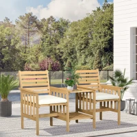 Outsunny Outdoor Wood Loveseat with Middle Table, Garden Table and Chairs Set with Cushions and Umbrella Hole, 2-Seater Outdoor Furniture Set for Balcony, Patio, Brown(m-8)