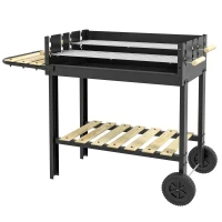 Outsunny Charcoal Grill,Barbecue Trolley with Double Adjustable Grill, Side Table, Storage Shelf and Wheels, Black(m-2)