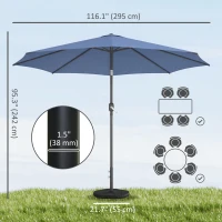 Outsunny 10' x 10' Round Market Umbrella with Base and Sandbag, Patio Umbrella with Crank Handle and Tilt, Blue(m-3)