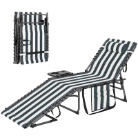 Outsunny Folding Outdoor Chaise Lounge Chair Tanning Chair with 5-Level Adjustable Back, Side Table, Pillow, Pocket, Blue White(m-1)
