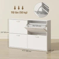 HOMCOM Flip Down Shoe Rack, Multi Cabinet, Wooden Shoe Shelf, Entryway, 4 Drawer Organizer, Freestanding Unit, White(m-3)