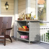 Outsunny Wicker Outdoor Bar Table, PE Rattan Bar Height Patio Table with 2 Shelves, Steel Frame for Garden, Backyard, Dark Grey(m-7)