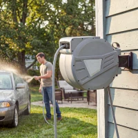 Outsunny Retractable Garden Hose Reel, 1/2" x 66ft Wall Mounted Hose Reel with Auto Retraction, Self-Locking, Grey(m-10)