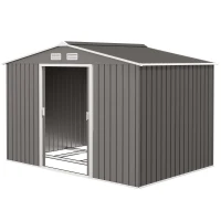 Outsunny 9' x 6' Outdoor Storage Shed, Garden Tool Metal Shed with Foundation Kit, Light Gray(m-1)