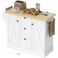HOMCOM Farmhouse Kitchen Island Cart with Power Outlet and Soft-Close Doors, 49" Kitchen Island with 3 Drawers, White(m-2)
