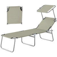 Outsunny Outdoor Pool Chaise Lounge Chair, Folding Tanning Chair with Sun Shade, Cream White(m-1)