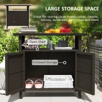 Outsunny Wicker Outdoor Storage Cabinet with Two Doors and Shelf for Outdoor Pool Towel Storage, Dark Coffee(m-4)