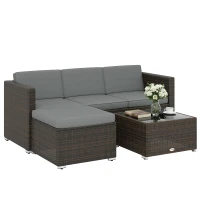 Outsunny 3 Pieces Patio Furniture Set with Cushions, Outdoor PE Rattan Wicker Conversation Corner Sofa Set with Glass Top Table(m-11)